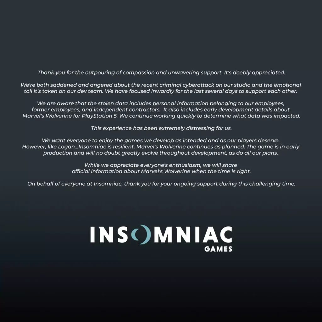 insomniac games official statement on breach dec 22, 2023