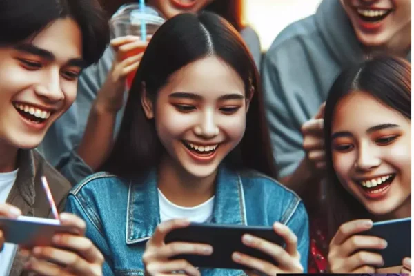 a-group-of-teenagers-playing-games-on-mobile-phones-and-laughing