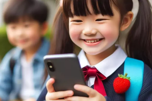 Chinese girl laughing and watching mobile phone