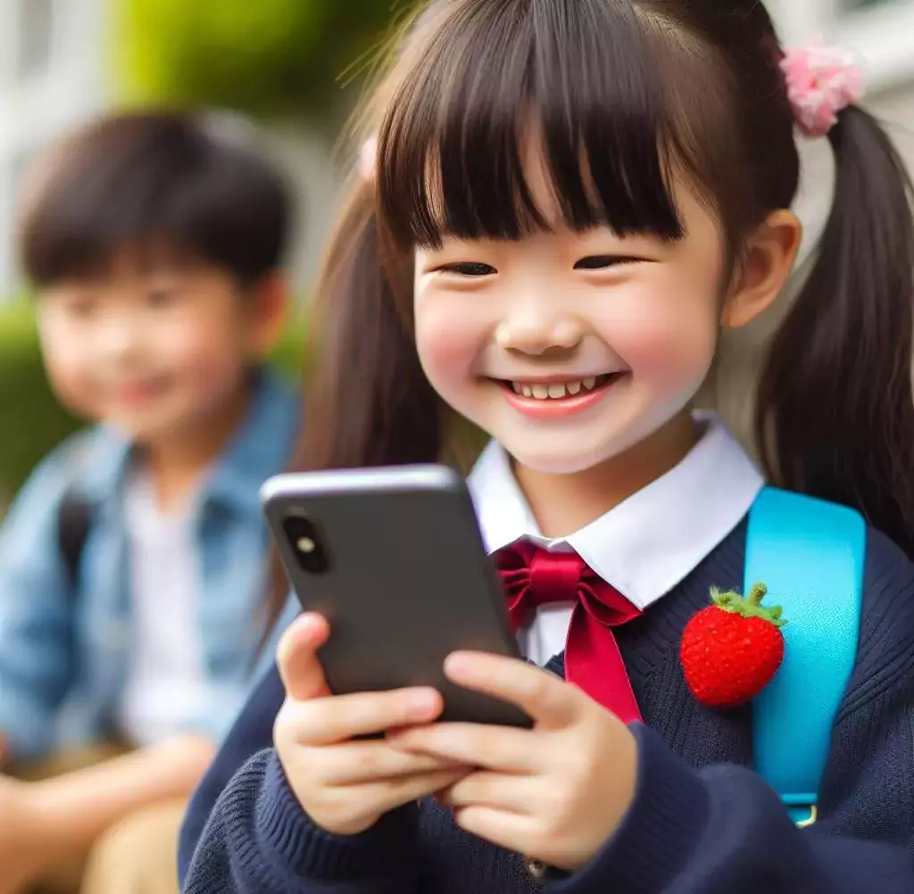 Chinese girl laughing and watching mobile phone