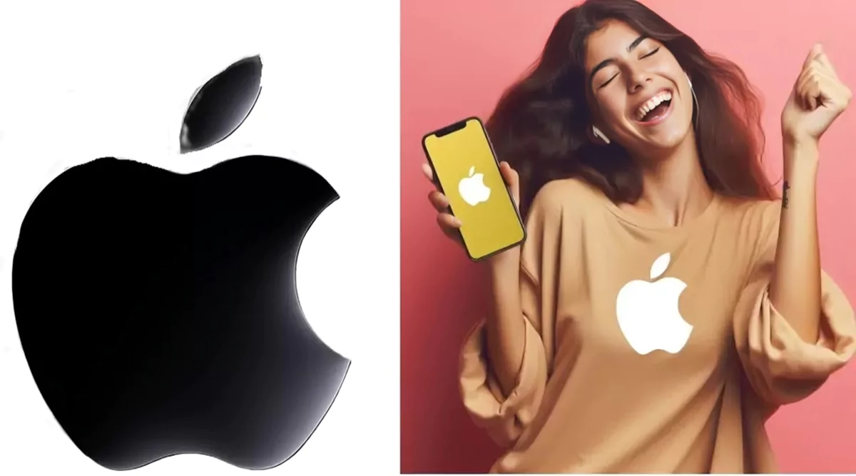 apple logo girl dancing with iphone in her hand