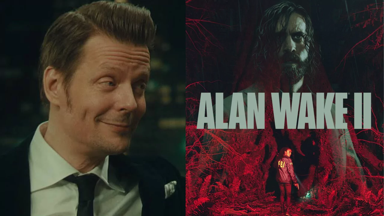 sam lake in left and alan wake 2 poster in right