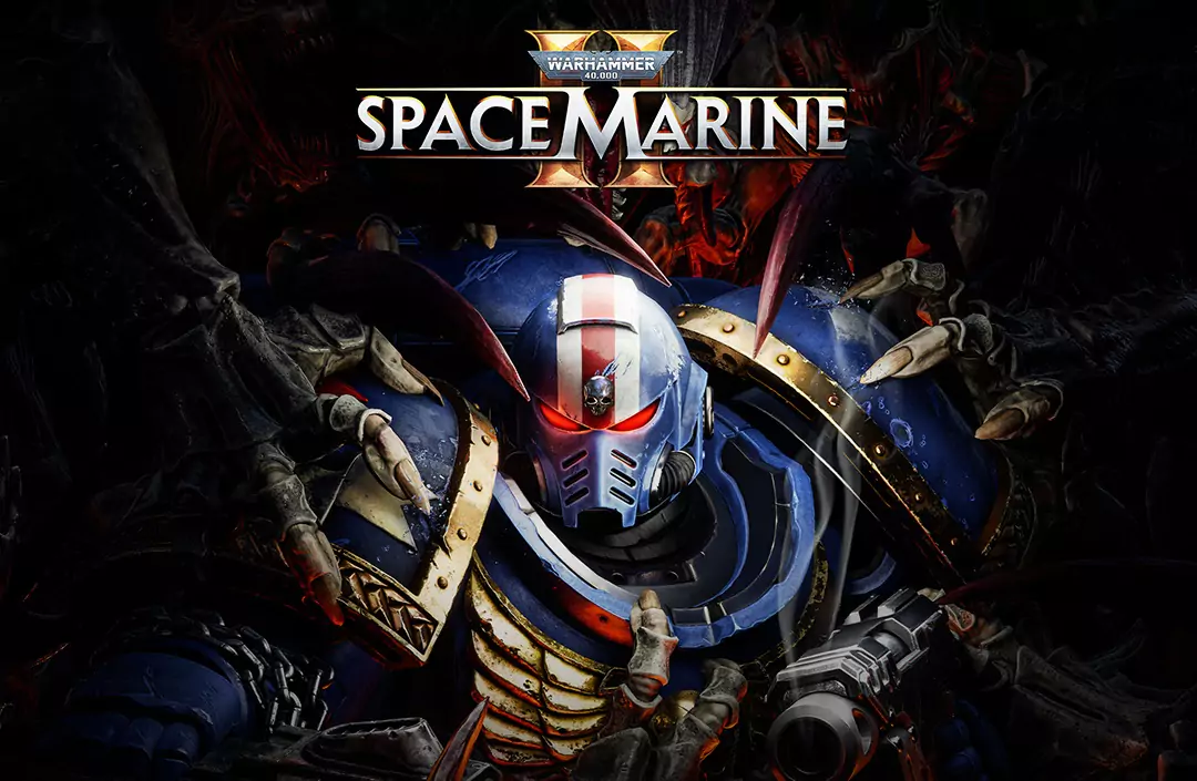 a Warhammer 40,000 Space Marine 2 video game cover with a blue and red armor