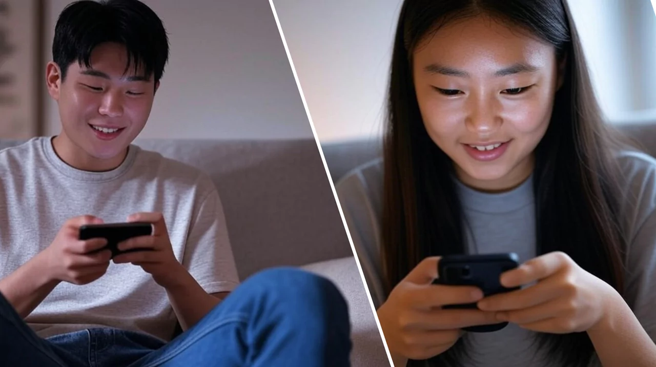 a image of korean female and male players playing game on her smartphone