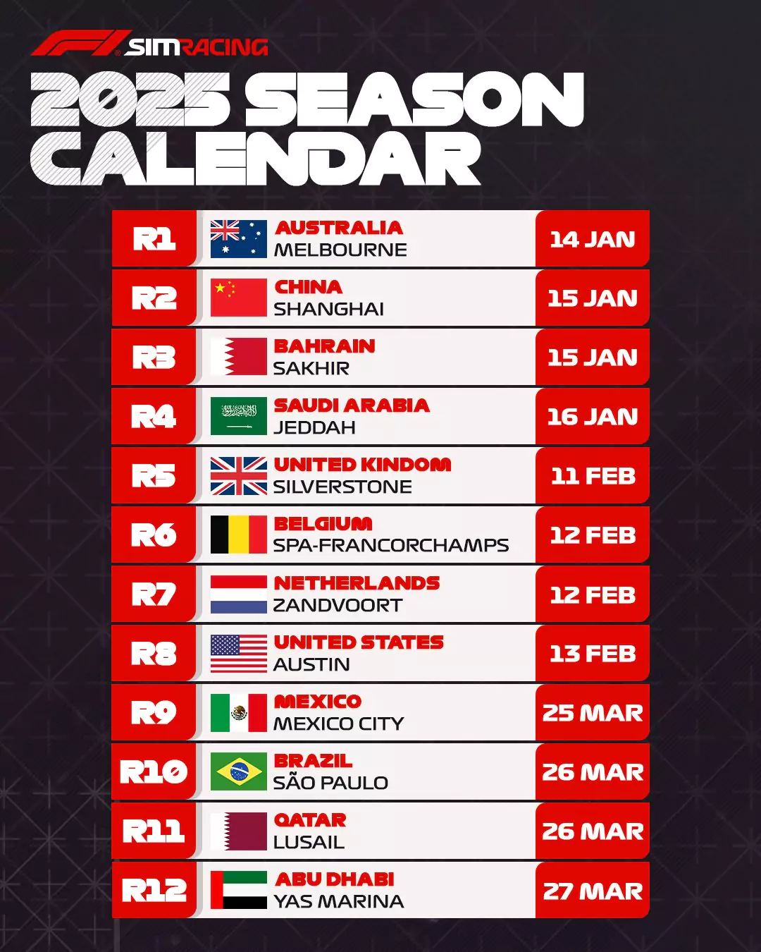 F1 2025 Sim Racing Championship calendar