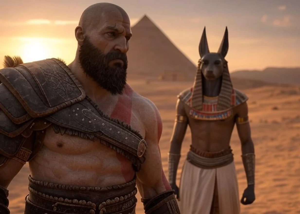 Kratos from God of War game in ancient Egypt with a pyramid in the background, and Anubis