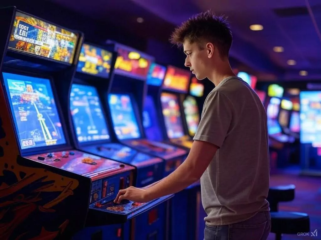 a man playing on arcade