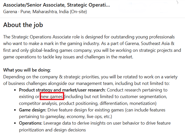 job openings on LinkedIn by garena