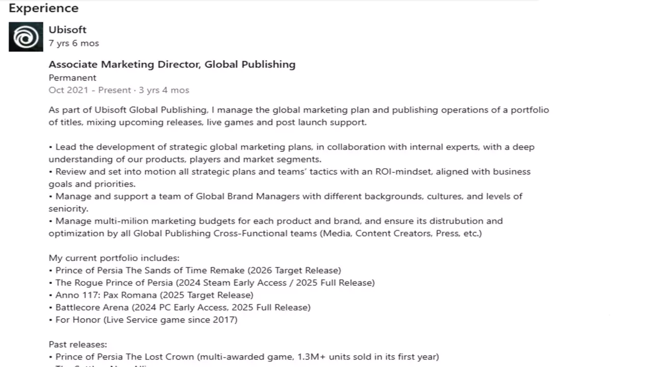 Ubisoft Associate Marketing Director's LinkedIn profile