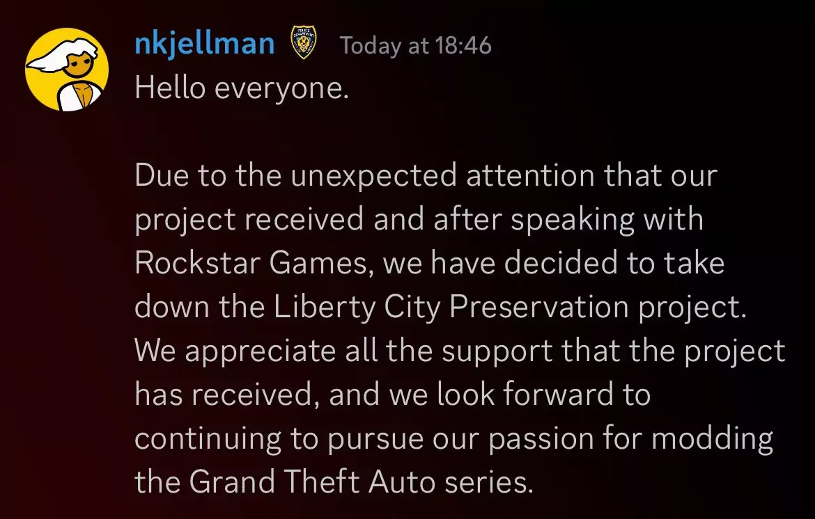  modder nkjellman announced the project's end on Discord