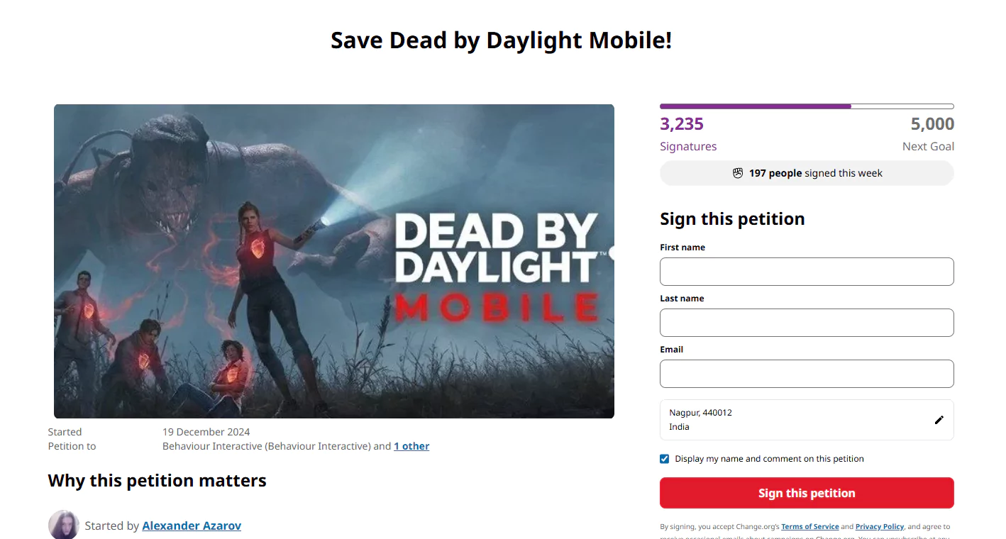 screenshot of change org petition on save the game Dead by Daylight Mobile