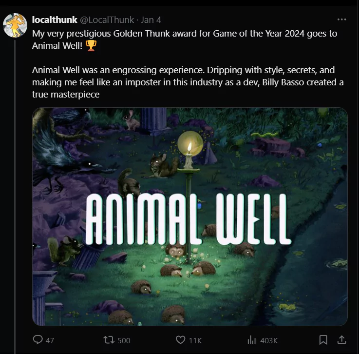 screenshot of x post by balatro dev on animal well