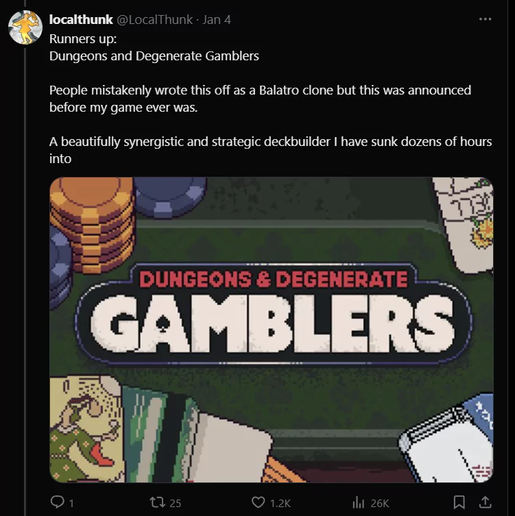 screenshot of x post by balatro dev on gamblers