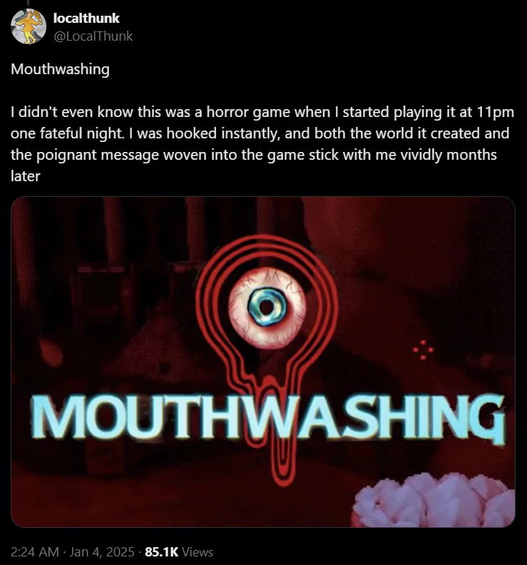 screenshot of x post by balatro dev on mouthwashing