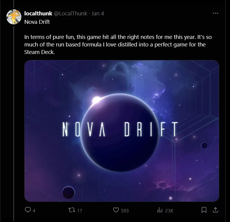 screenshot of x post by balatro dev on nova drift