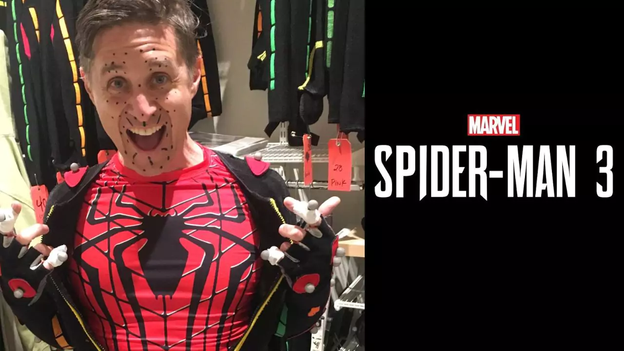 Yuri Lowenthal as spiderman in spiderman cosplay in game on ps5