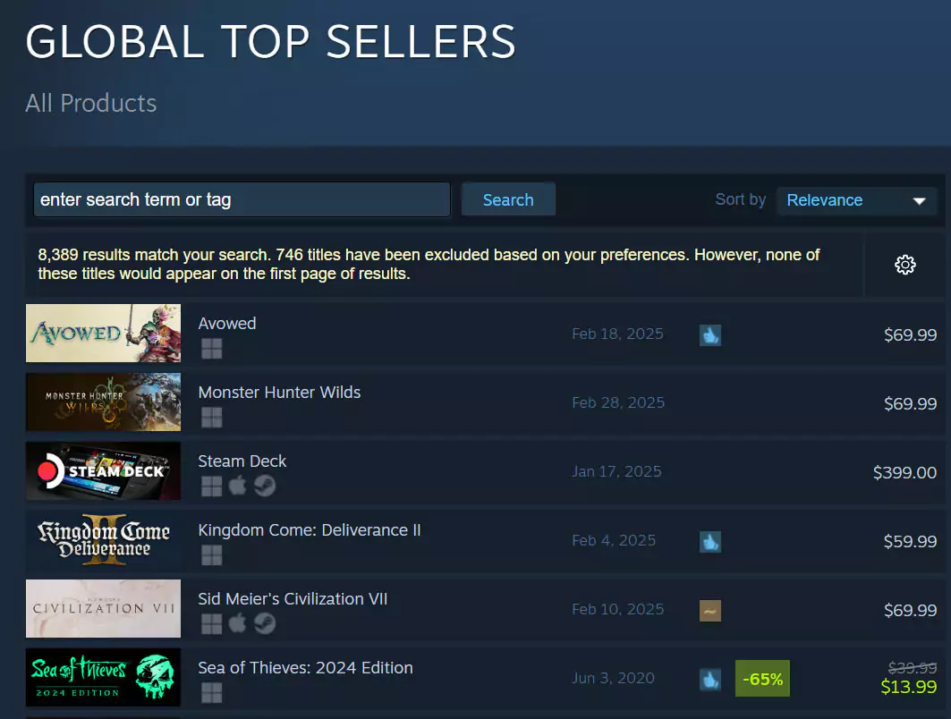 avowed at steam's top seller charts