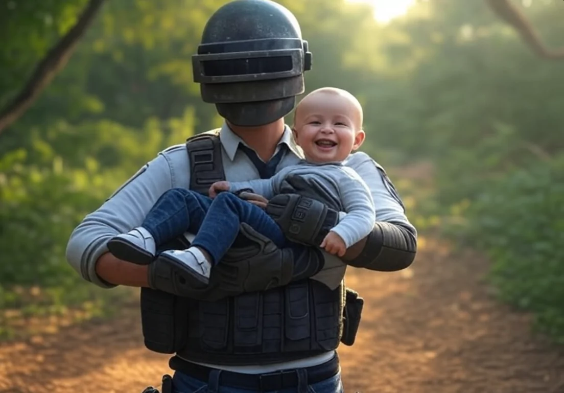 pubg mascot holding the baby